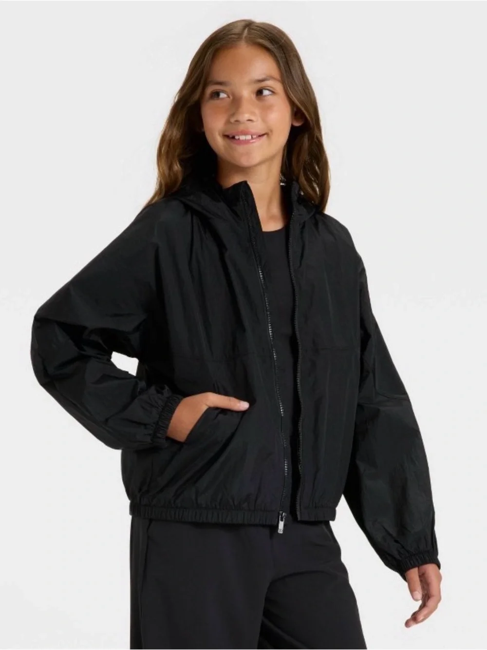 All In Motion Girls Medium Black Hooded Windbreaker Jacket NWT